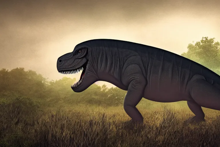 Prompt: Realistic photograph of a somber dinosaur standing in the distance in the style of Dark Naturalism, Jungle Grunge, twilight, glows, detailed, studio quality, hd image,