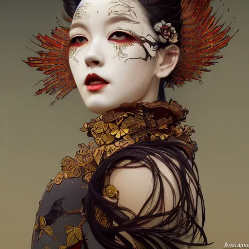 Image similar to a photorealistic dramatic fantasy render of a beautiful woman wearing a beautiful intricately detailed japanese crow kitsune mask and clasical japanese kimono by wlop, artgerm, greg rutkowski, alphonse mucha, beautiful dynamic dramatic dark moody lighting, shadows, cinematic atmosphere, artstation, concept design art, octane render, 8 k