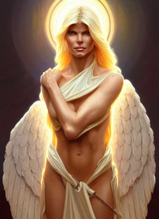 Image similar to portrait of victoria silvstedt as an angel, bible, katholic, intricate, headshot, highly detailed, digital painting, artstation, concept art, sharp focus, cinematic lighting, illustration, art by artgerm and greg rutkowski, alphonse mucha, cgsociety