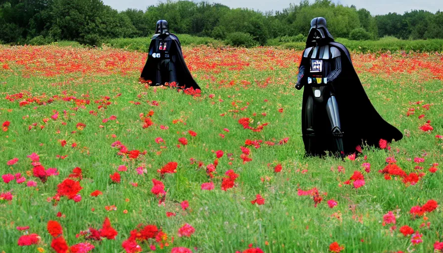 Image similar to wide shot of darth vader going through a field of flowers, realistic, detailed