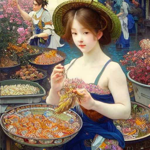 Image similar to a masterpiece ultrarealistic ultradetailed portrait of beautiful love fishmonger girl on street market baroque renaissance. medium shot, intricate, elegant, by stanley artgerm lau, wlop, alphonse mucha, rossdraws, andrei riabovitchev, yoshitaka amano. flower background my james jeand and takashi murakami.