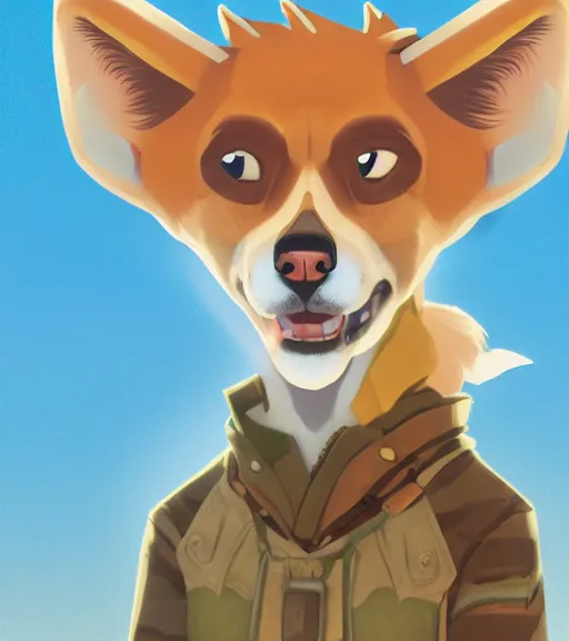 Image similar to stylized character portrait icon of the anthro anthropomorphic dingo dog head animal person fursona wearing clothes adventurer standing in australia outback, hidari, color page, tankoban, 4 k, tone mapping, akihiko yoshida