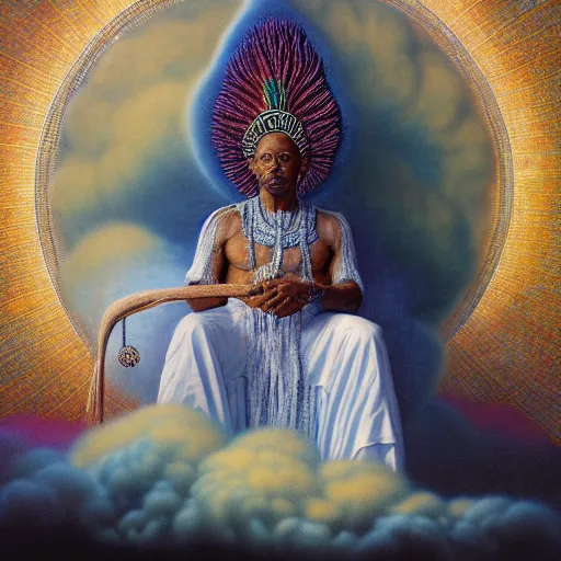 Prompt: obatala the cosmic god sitting on a throne of nebula clouds, by Agostino Arrivabene and alex grey, matte painting, orisha, 8k, hd