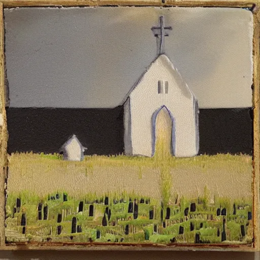 Image similar to oil on styrofoam crust - painting with melt of a small white country church in a corn field ( very sinister and sweet )