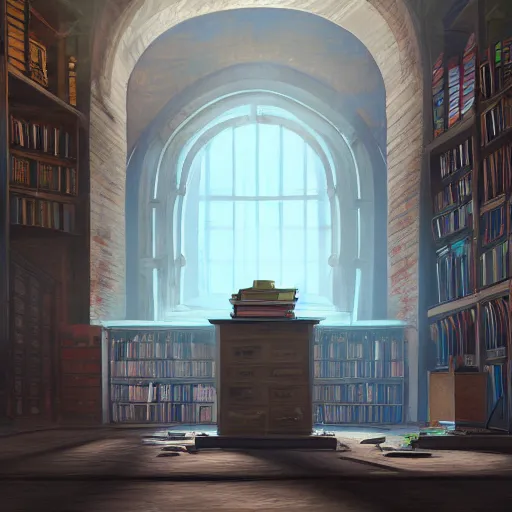 Prompt: abandoned library, concept art, 4 k digital painting, sunbeams, trending on artstation, detailed, medium shot