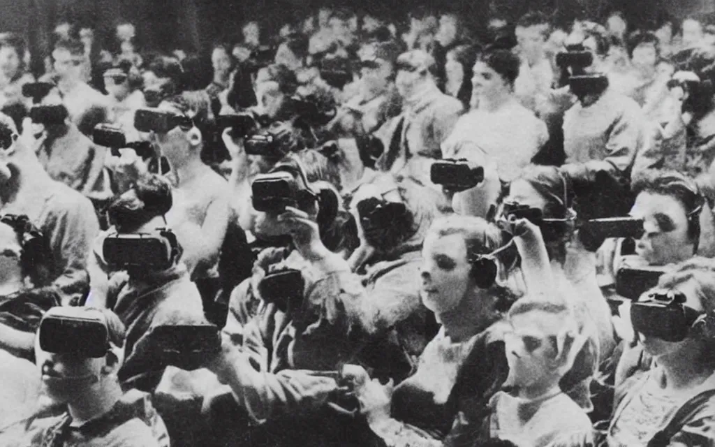 Image similar to 1 9 0 0 s photo of people using iphones ipods virtual reality headsets vr in a movie theater double exposure masterpiece