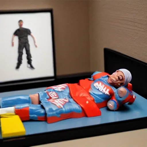 Image similar to eminem lying in tracey emin's bed, stop motion vinyl action figure, plastic, toy, butcher billy style