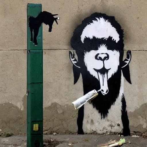 Prompt: goat smoking a joint made by banksy