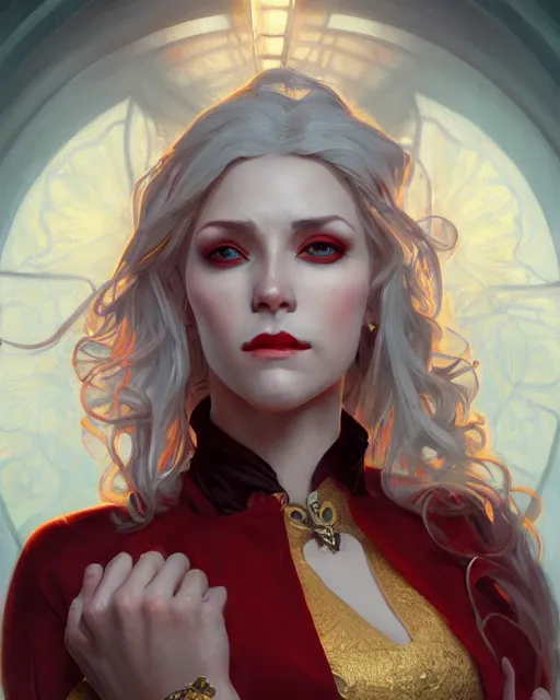 Image similar to female queen vampire, perfect face, gold waistcoat, red shirt, long grey hair, red necktie, cinematic, stunning, highly detailed, digital painting, artstation, smooth, hard focus, illustration, art by artgerm and greg rutkowski and alphonse mucha