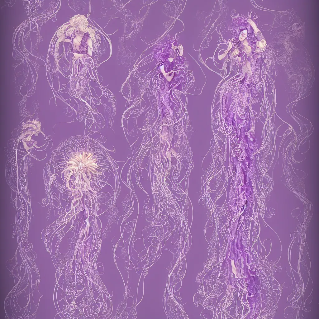 Prompt: purple dress design in the style of rococo ,Victorian era，jellyfish element,Goldenlace element,dreamy, soft ,Backlight ,luminescence,Aetherpunk,highly detailed,8k