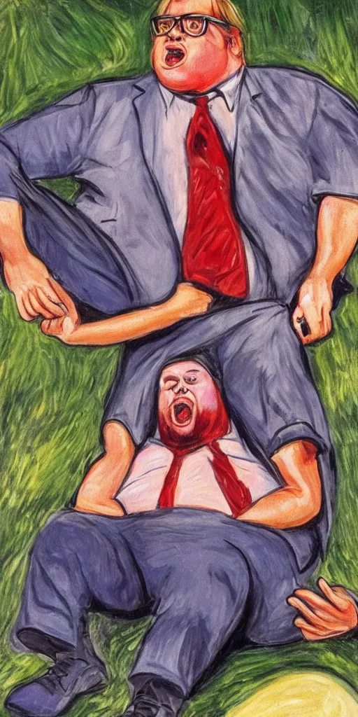 Image similar to matt foley living in a van down by the river watching a metallica concert in the style of edvard munch