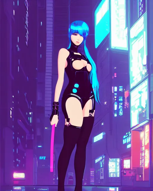 Image similar to digital illustration of cyberpunk pretty girl with blue hair, wearing a black dominatrix outfit, in city street at night, by makoto shinkai, ilya kuvshinov, lois van baarle, rossdraws, basquiat