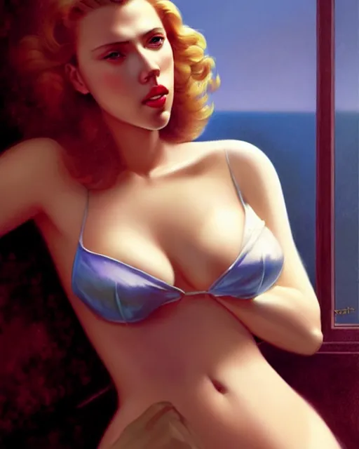 Image similar to photo of scarlett johansson, by greg rutkowski, gil elvgren, glossy skin, pearlescent, anime, maxim magazine,