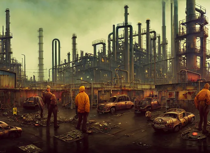 Prompt: waiting in line for crude oil by simon stalenhag and gil elvgren and tom bagshaw and marc simonetti and jan miense molenaer and arthur adams, dystopian slums, refinery apartments, highly detailed, hyperrealism, smog, high contrast, smogpunk, oilpunk, high saturation, intricate complexity, gas masks