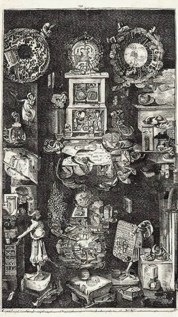 Prompt: esoteric etching print of an alchemists laboratory, amphitheatrum sapientiae aeternae, 1 5 9 5