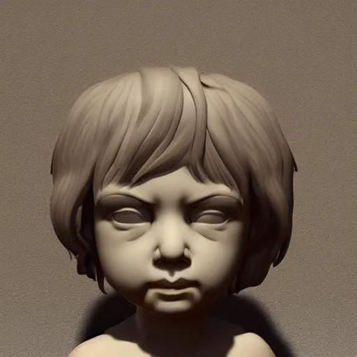 Image similar to portrait sculpt of sad angry child angel, muted colors, big eyes