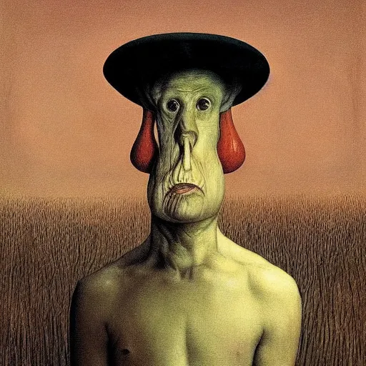 Image similar to portrait face head eyes man fungal ears Mushroom Cretin the Hermit camouflaged as a toadstool wearing a black shirt mark ryden greg rutkowski andrew wyeth giorgio de chirico