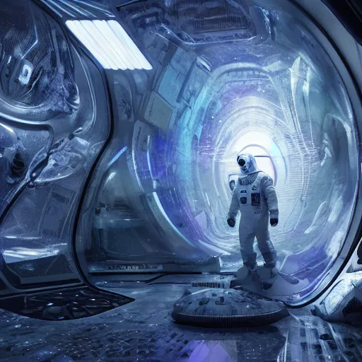 Image similar to concept art by craig mullins astronaut in futuristic dark and empty spaceship underwater. infrared complex and hyperdetailed technical suit. mandelbulb fractal. reflection and dispersion materials. rays and dispersion of light. volumetric light. 5 0 mm, f / 3 2. noise film photo. flash photography. unreal engine 4, octane render. interstellar movie art