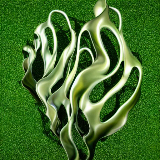 Prompt: cgi liquid forms in metal abstract sculpture in green grass