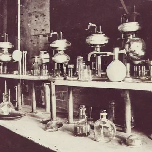 Prompt: and old victorian laboratory with lots of medical instruments, human heads in jars, one head is alive and looking at the camera