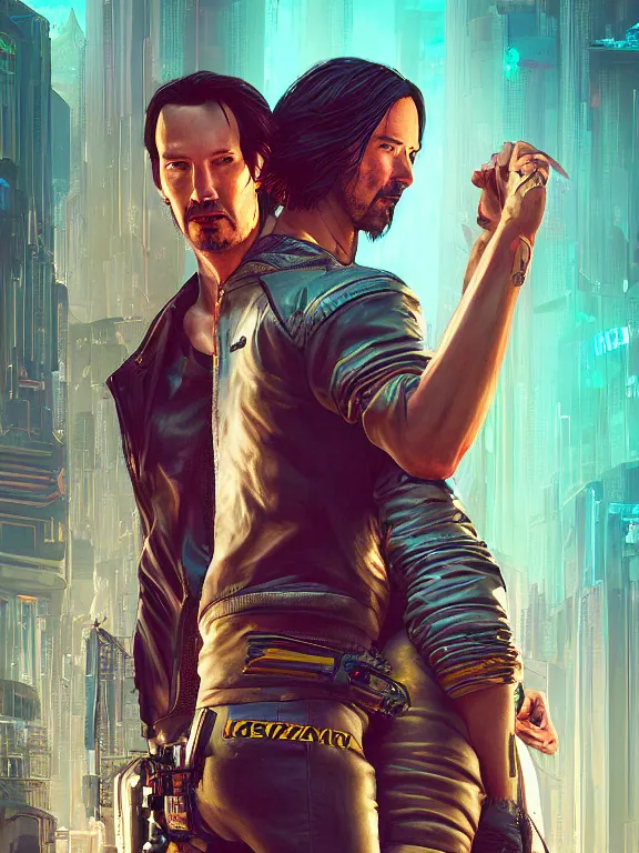 Image similar to a cyberpunk 2077 couple portrait of Keanu Reeves and V ,love story ,film lighting,by laurie greasley,Lawrence Alma-Tadema,William Morris,Dan Mumford,trending on atrstation,full of color,Digital painting,face enhance,highly detailed,8K, octane,golden ratio,cinematic lighting