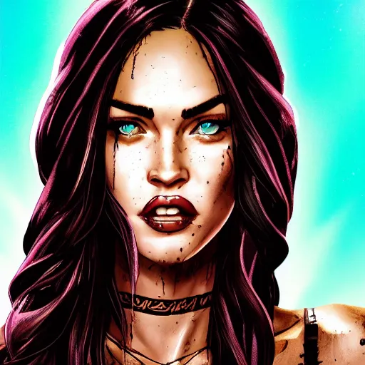 Image similar to megan fox portrait, borderlands, tales from the borderlands, the wolf among us, comic, cinematic lighting, studio quality, 8 k