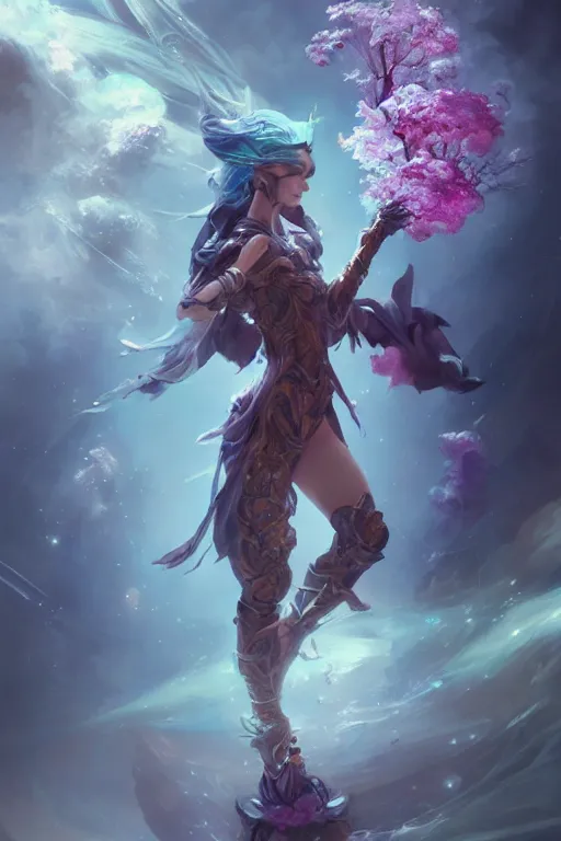 Image similar to beautiful girl necromancer covered with crystals exploding space, 3 d render, hyper realistic detailed portrait, holding magic flowers, ruan jia, wlop. scifi, fantasy, hyper detailed, octane render, concept art, peter mohrbacher