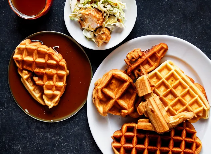 Prompt: dslr food photograph of chicken and waffles drizzled with maple syrup and hot sauce with a side of cole slaw, 8 5 mm f 1. 8