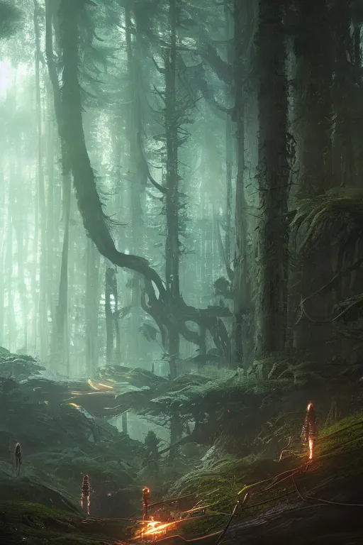 Prompt: A sci-fi forest by Greg Rutkowski, Sung Choi, Mitchell Mohrhauser, Maciej Kuciara, Johnson Ting, Maxim Verehin, Peter Konig, final fantasy , 8k photorealistic, cinematic lighting, HD, high details, atmospheric,