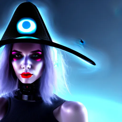 Prompt: detailed portrait cyberpunk robotic cybergirl with black witch hat on flying cyberbroom in night city 4 k, digital art, with cute face hyperealistic