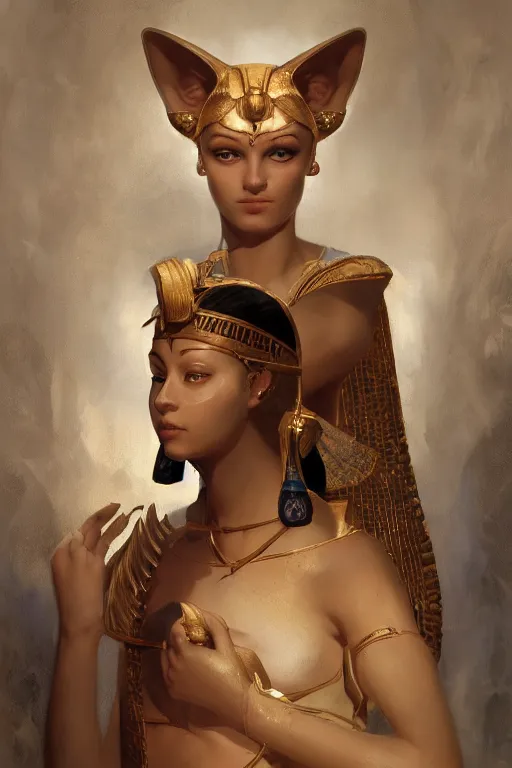 Prompt: portrait of the beautiful egyptian goddess, bastet, bast, woman / cat hybrid, soft torchlight in an egyptian tomb, digital art by ruan jia and mandy jurgens and artgerm and william - adolphe bouguereau, highly detailed, trending on artstation, award winning,