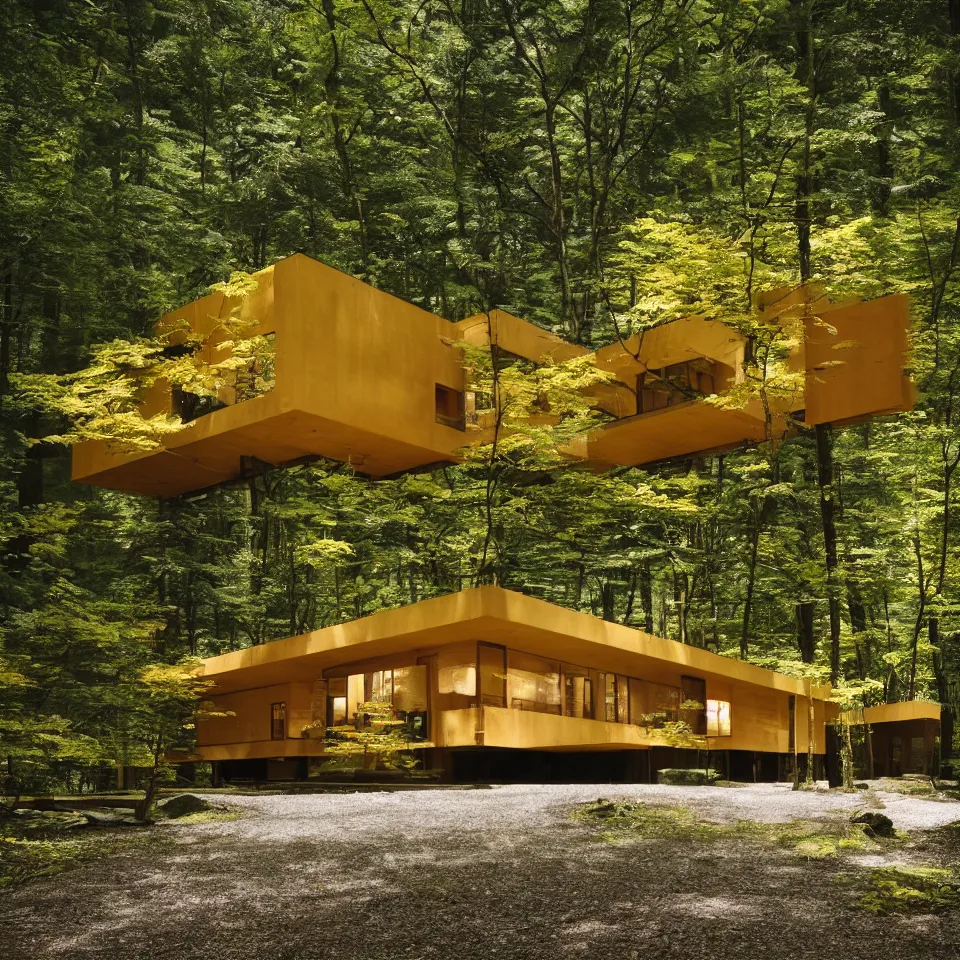 Image similar to architecture ad for a mid-century modern house in the forest, designed by Kengo Kuma. Film grain, cinematic, yellow hue