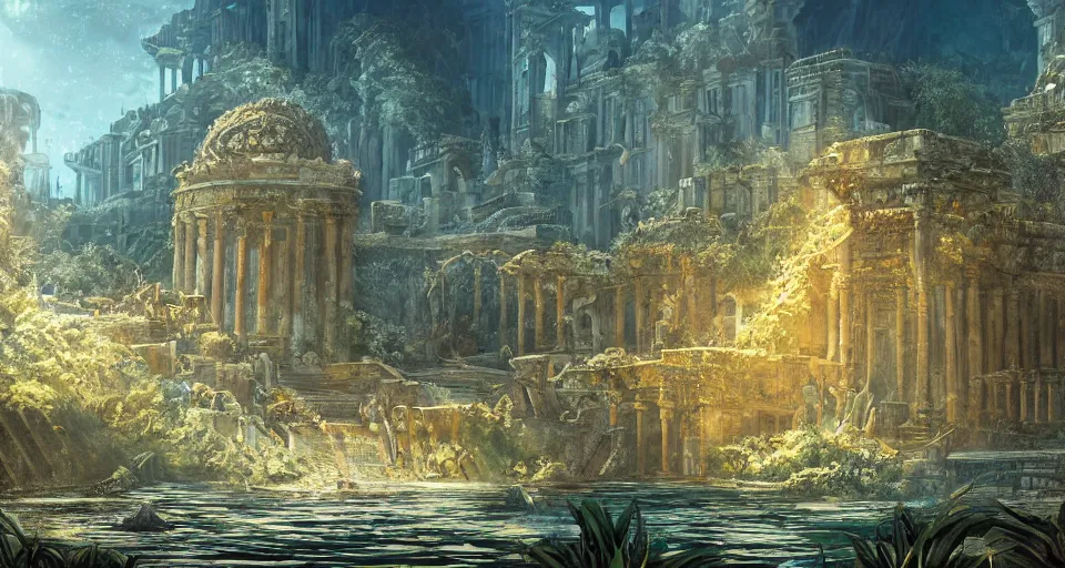 Image similar to ancient city of atlantis with big overgrown buildings in gold, fantasy, magical, cinematic, establishing shot, atmospheric lighting, extremely detailed, intricate, sharp focus, coherent, digital art, realistic