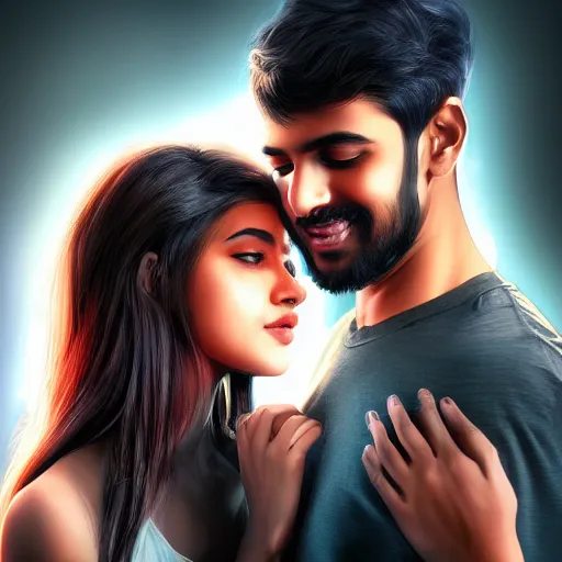 Image similar to theatrical press release ; indian young male and female couple sharing one heart ; stunning digital artwork by artgerm ; cinematic movie pose ; photorealistic, hyperrealistic, dramatic soft rim light ; highly detailed ; face by wlop ; trending on artstation ; cinematography from music video