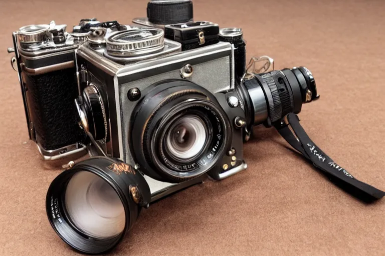 Prompt: product photo of a steampunk medium format camera that looks like a rolleiflex