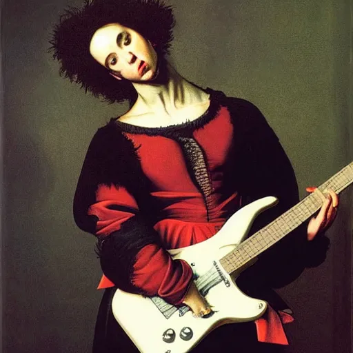 Image similar to St. Vincent playing electric guitar by Caravaggio