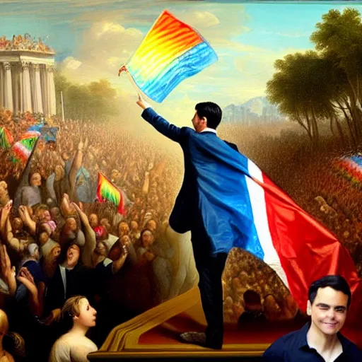 Prompt: i highly detailed photo of ben shapiro waving a rainbow flag in the middle of a crowd, historic painting, high definition, high quality painting, detailed face, detailed body, full body