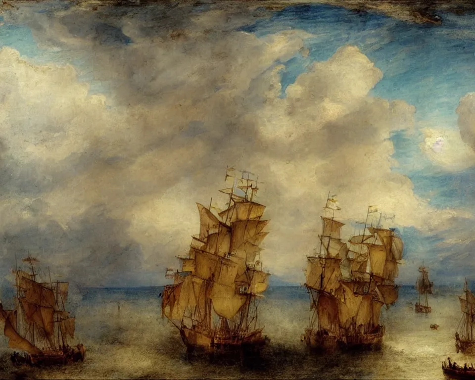 Prompt: Two pirate ships circling each other in a tropical lagoon by Turner and Raphael.