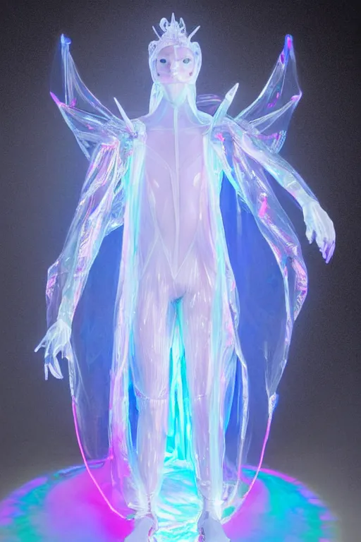 Image similar to full-body rococo and cyberpunk delicate crystalline sculpture of a muscular iridescent slender man as a humanoid deity wearing a thin see-through plastic hooded cloak sim roupa, posing like a superhero, glowing pink face, crown of white lasers, large diamonds, swirling black silk fabric. futuristic elements. oozing glowing liquid, full-length view. space robots. human skulls. throne made of bones, intricate artwork by caravaggio. Trending on artstation, octane render, cinematic lighting from the right, hyper realism, octane render, 8k, depth of field, 3D