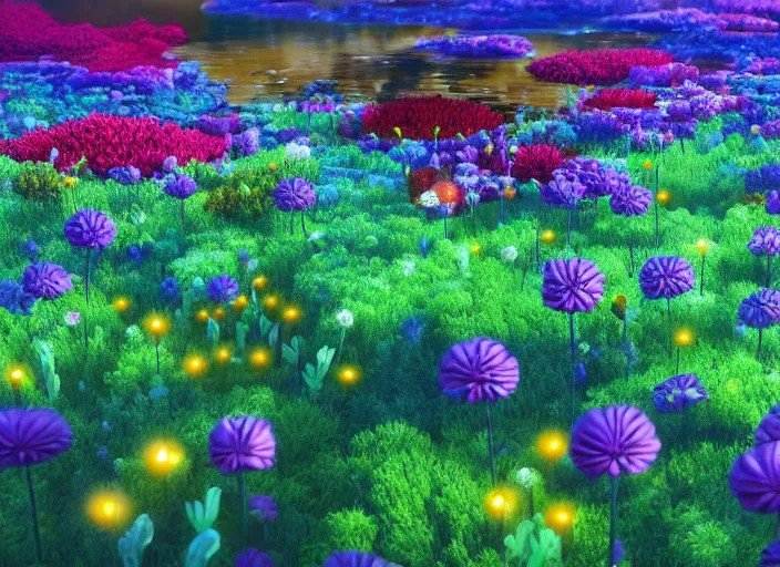 Image similar to flowerfield on a luminescent crystal biome that looks like a movie shot by pixar, ultra detailed, fantasy, hyper realism, art, smooth, beautiful art, masterpiece, landscape, cinematic, wet reflections, ray tracing x, rtx, smooth