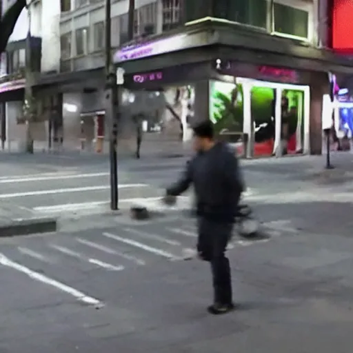 Image similar to surveillance camera footage of xavi hernandez on the street holding a pigeon