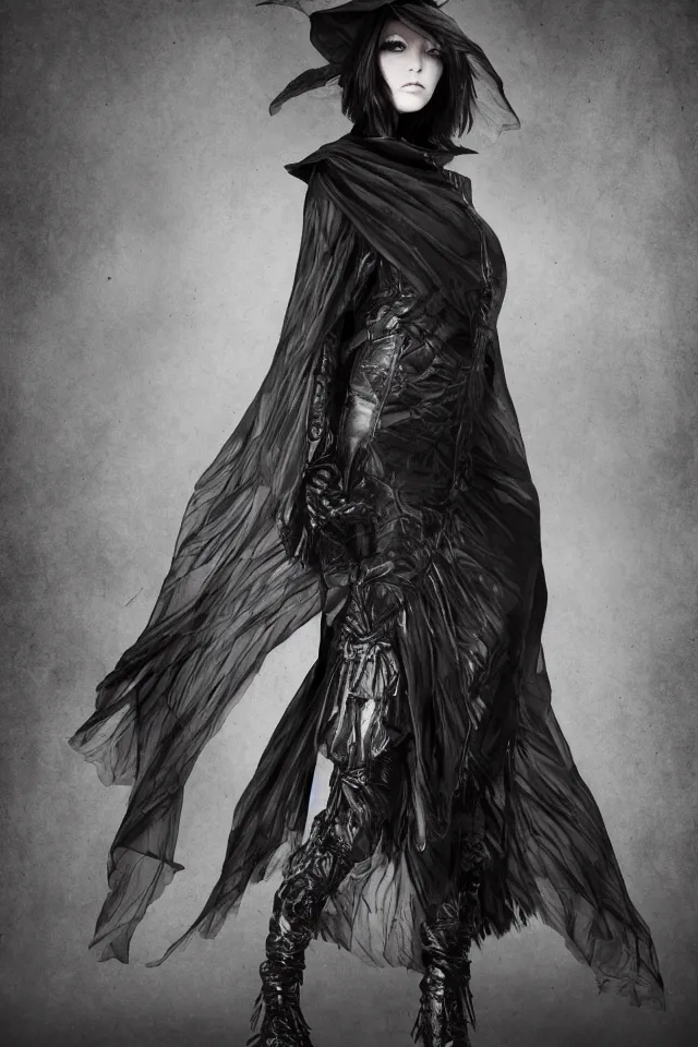 Image similar to realistic render, digital fashion, beautiful witch-woman in tactical poncho designed by alexander mcqueen and acronym, rim light, high key, ultra detailed, hyperdetailed, dark backdrop