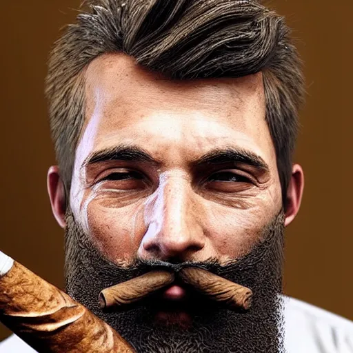 Image similar to a man with a beard smoking a cigar, highly realistic, very realistic, realistic face, photorealistic