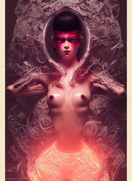 Prompt: portrait of a sensual futuristic geisha cyborg, latex, modern fine art, fractal, glowing calligraphy, intricate ornaments, elegant, highly detailed, digital photography, subsurface scattering, by jheronimus bosch and greg rutkowski,