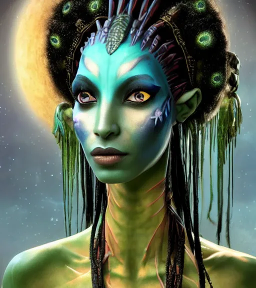 Prompt: an epic fantasy comic book style portrait painting of a very beautiful industrial goth pharaoh dryad nafi thiam as neytiri na'vi from avatar, character design by mark ryden and pixar and hayao miyazaki, unreal 5, daz, hyperrealistic, octane render, cosplay, rpg portrait, dynamic lighting, intricate detail, harvest fall vibrancy, cinematic