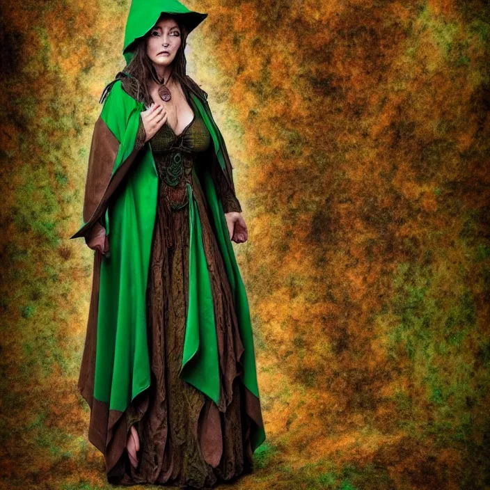 Prompt: full length photo of a very beautiful!! elemental earth witch with ornate green and brown robes, highly detailed, 4 k, hdr, smooth, sharp focus, high resolution, award - winning photo