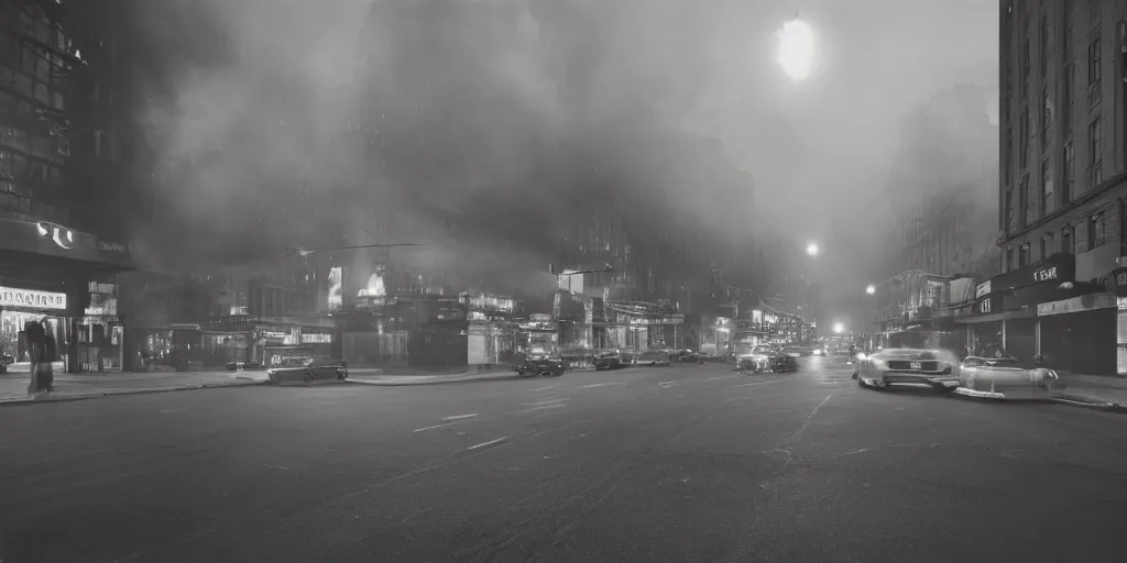 Image similar to a high resolution photo of a new york street at night surrounded with smoke and cars with bright headlights by joel meyerowitz, realistic photo,