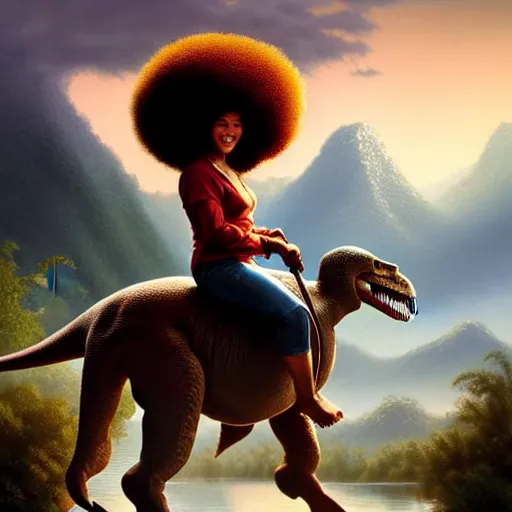 Image similar to bob ross!!! riding! a dinosaur!!, giant afro!, model pose, ultra realistic, concept art, intricate details, highly detailed, photorealistic, octane render, 8 k, unreal engine. art by artgerm and greg rutkowski and alphonse mucha