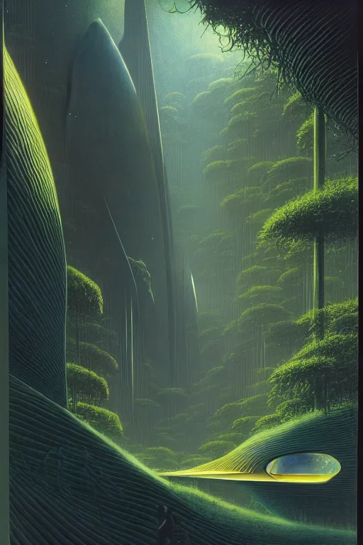 Image similar to emissary space by author haas and bruce pennington and john schoenherr, cinematic matte painting, zaha hadid building in a lush jungle, 8 k, dark color palate