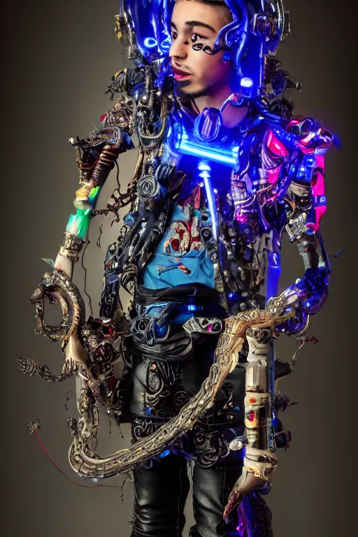 Image similar to full-body cyberpunk style sculpture of a young handsome Latino prince half android with a chest opening exposing circuitry and electric sparks, glowing red eyes, crown of blue roses, flowing magenta-colored silk, fabric, snakes. baroque elements, human skull. full-length view. baroque element. intricate artwork by caravaggio. many many birds birds on background. Trending on artstation, octane render, cinematic lighting from the right, hyper realism, octane render, 8k, depth of field, 3D